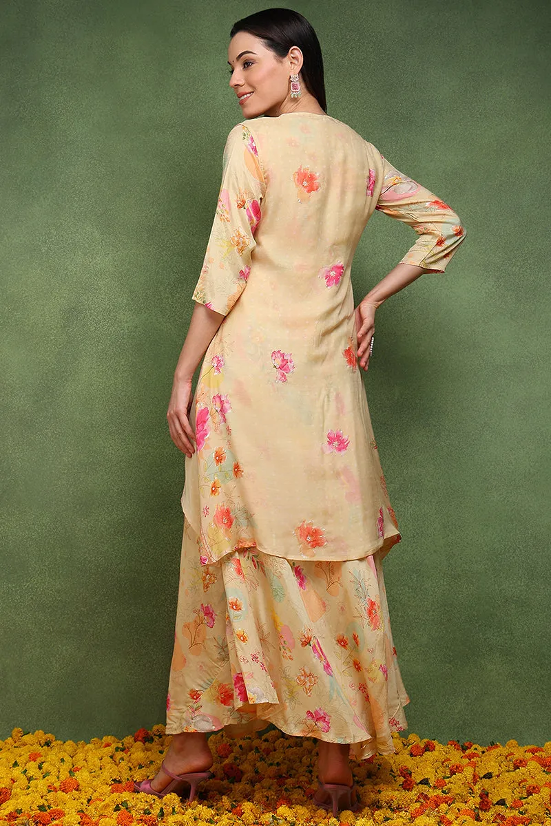 Cream Silk Blend Floral Embroidered Maxi Ethnic Dress With Longline Shrug