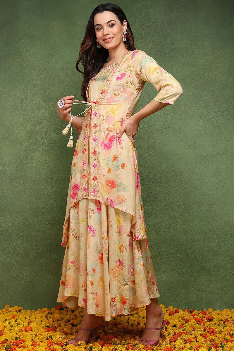 Cream Silk Blend Floral Embroidered Maxi Ethnic Dress With Longline Shrug