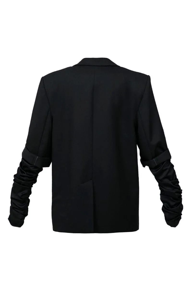 CRUMPLE-SLEEVE LONG BLACK BLAZER