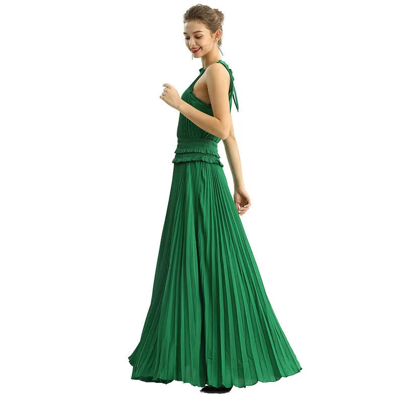 D199 Women solid satin halter neck smocked-waist sunburst pleated maxi evening dress