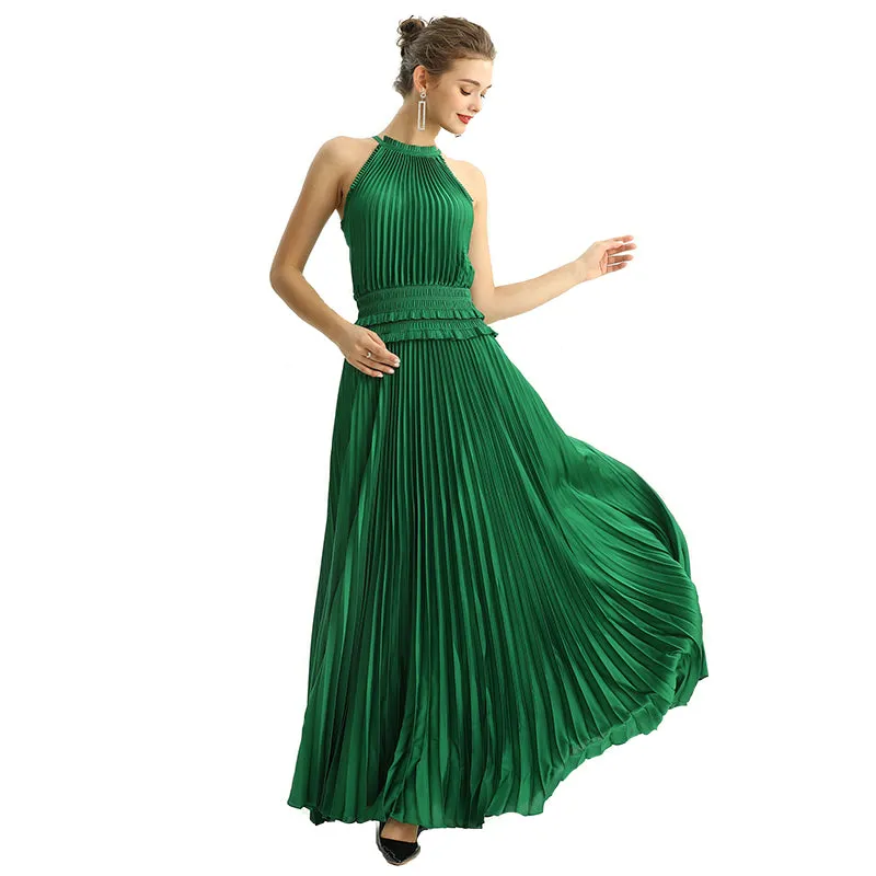 D199 Women solid satin halter neck smocked-waist sunburst pleated maxi evening dress