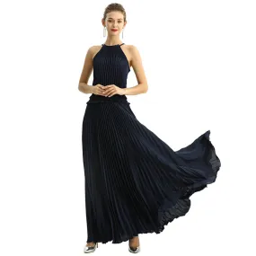 D199 Women solid satin halter neck smocked-waist sunburst pleated maxi evening dress