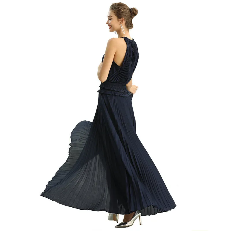 D199 Women solid satin halter neck smocked-waist sunburst pleated maxi evening dress