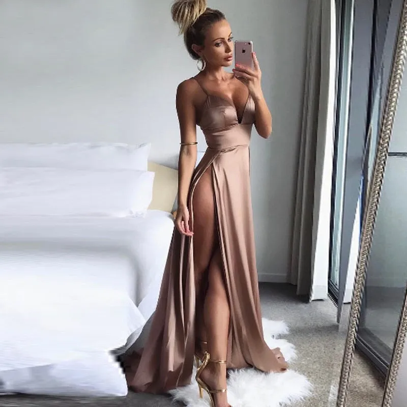 Deep V-Neck Sleeveless Spaghetti Strap Backless Side High Split Sexy Long  Maxi Party Dress