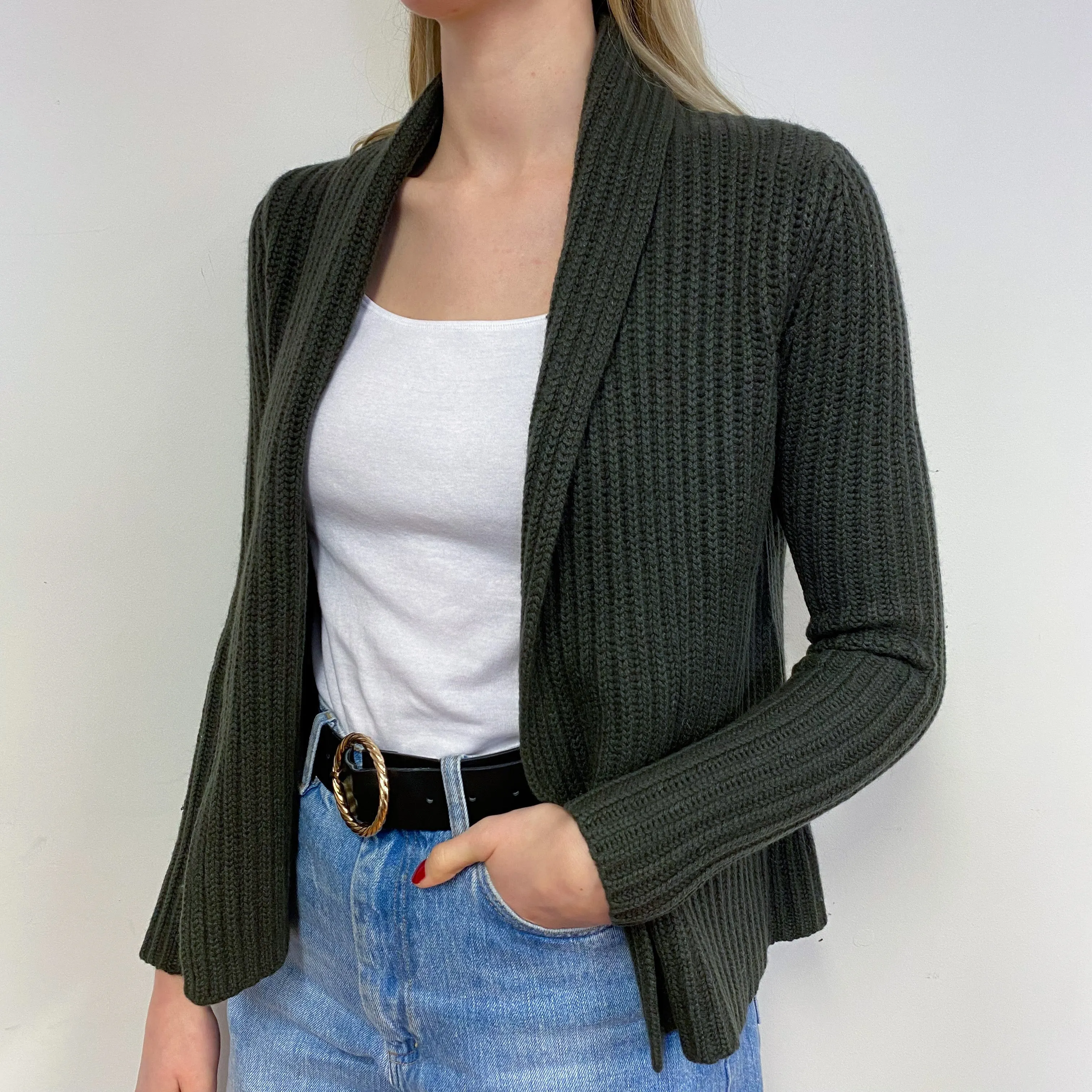 Designer Chunky Ribbed Khaki Edge to Edge Cardigan Small