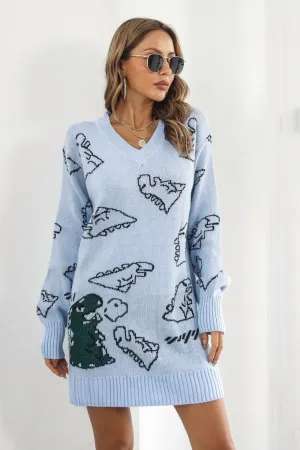 Dinosaur Pattern V-Neck Sweater Dress