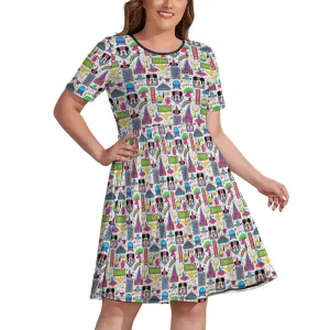 Disney 2024 Women's Round Neck Plus Size Dress With Pockets