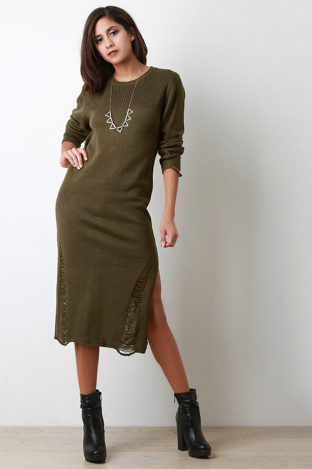 Distressed Relaxed Sweater Midi Dress