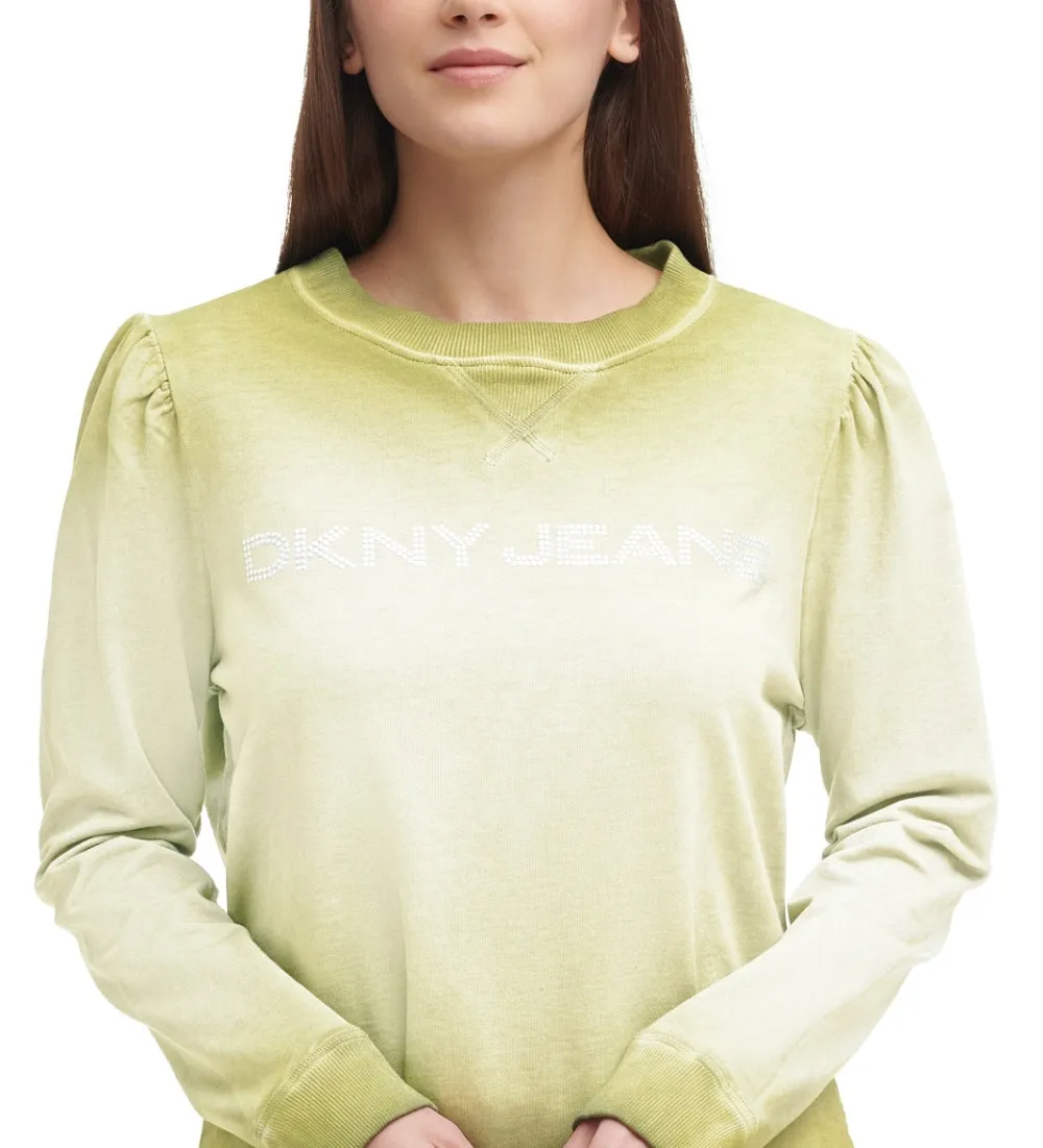 DKNY Women's Logo Raw Hem Pullover Top Green Size Small