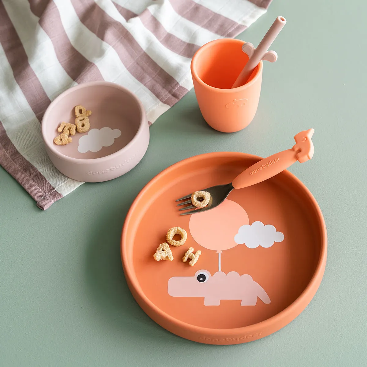 Done by Deer, Silicone Dinner Set, Happy Clouds Papaya