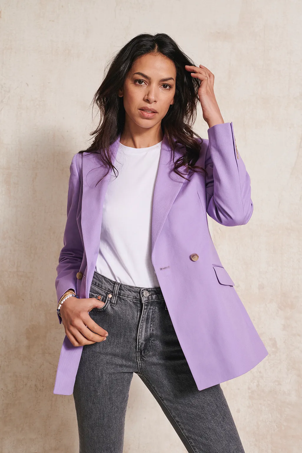 Double Breasted Blazer in Lavender Cotton by Anna James