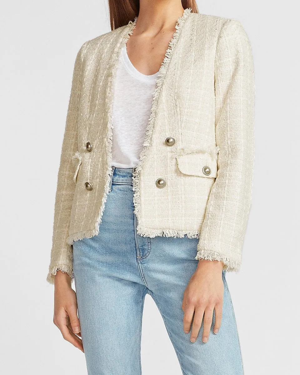 Double Breasted Collarless Tweed Long Sleeve Blazer in Neutral