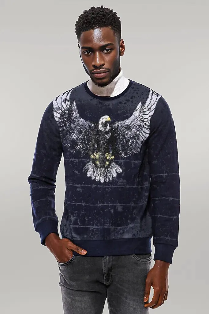 Eagle Patterned Slim Fit Navy Blue Sweatshirt - Wessi