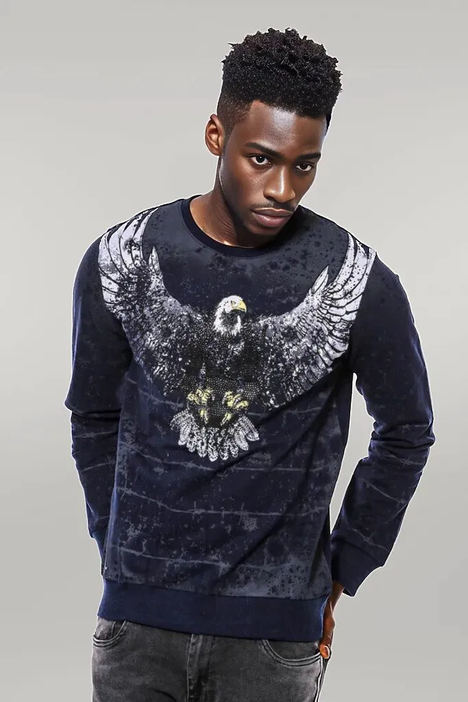 Eagle Patterned Slim Fit Navy Blue Sweatshirt - Wessi