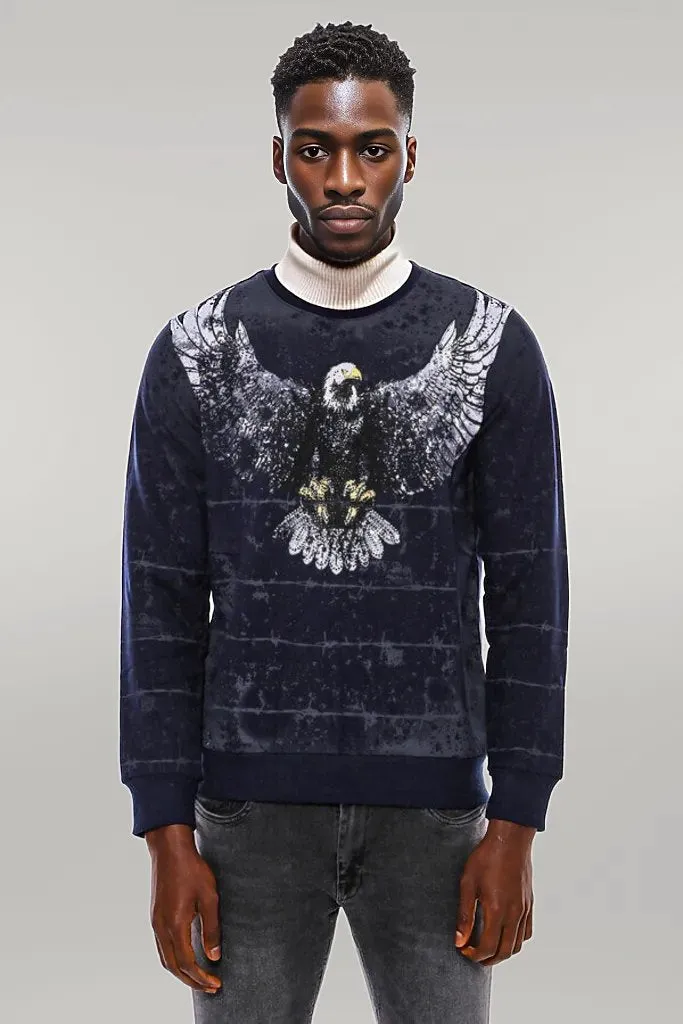 Eagle Patterned Slim Fit Navy Blue Sweatshirt - Wessi