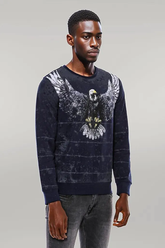 Eagle Patterned Slim Fit Navy Blue Sweatshirt - Wessi