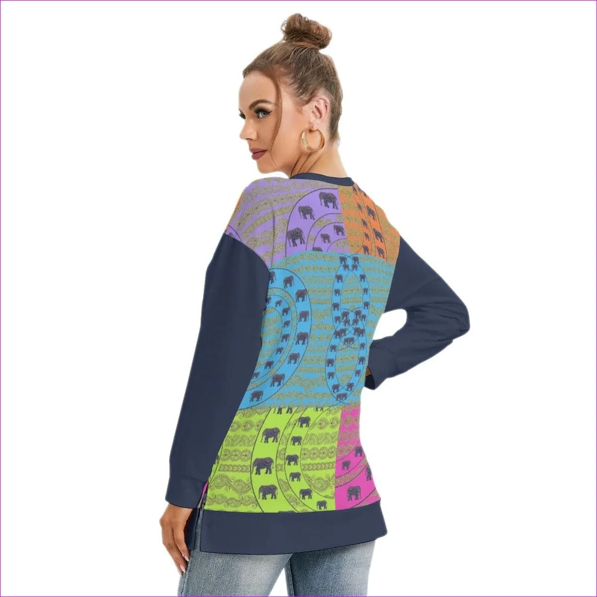 Elegant Elephant Womens Side Split O-neck Sweatshirt