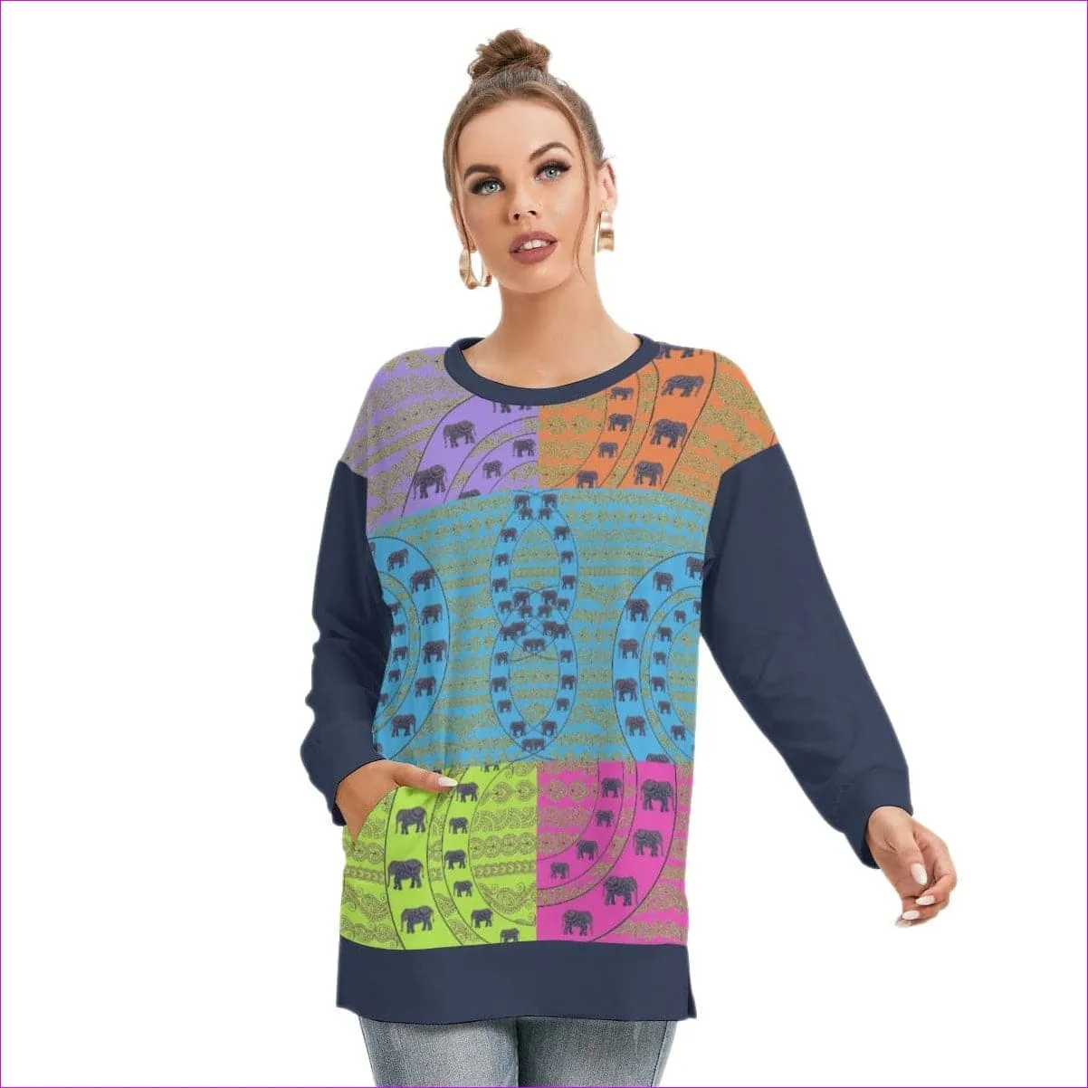 Elegant Elephant Womens Side Split O-neck Sweatshirt