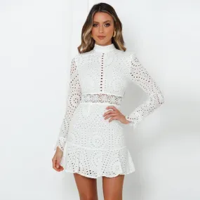 Elegant White Lace Embroidery Mini Party Dress & Long Sleeve