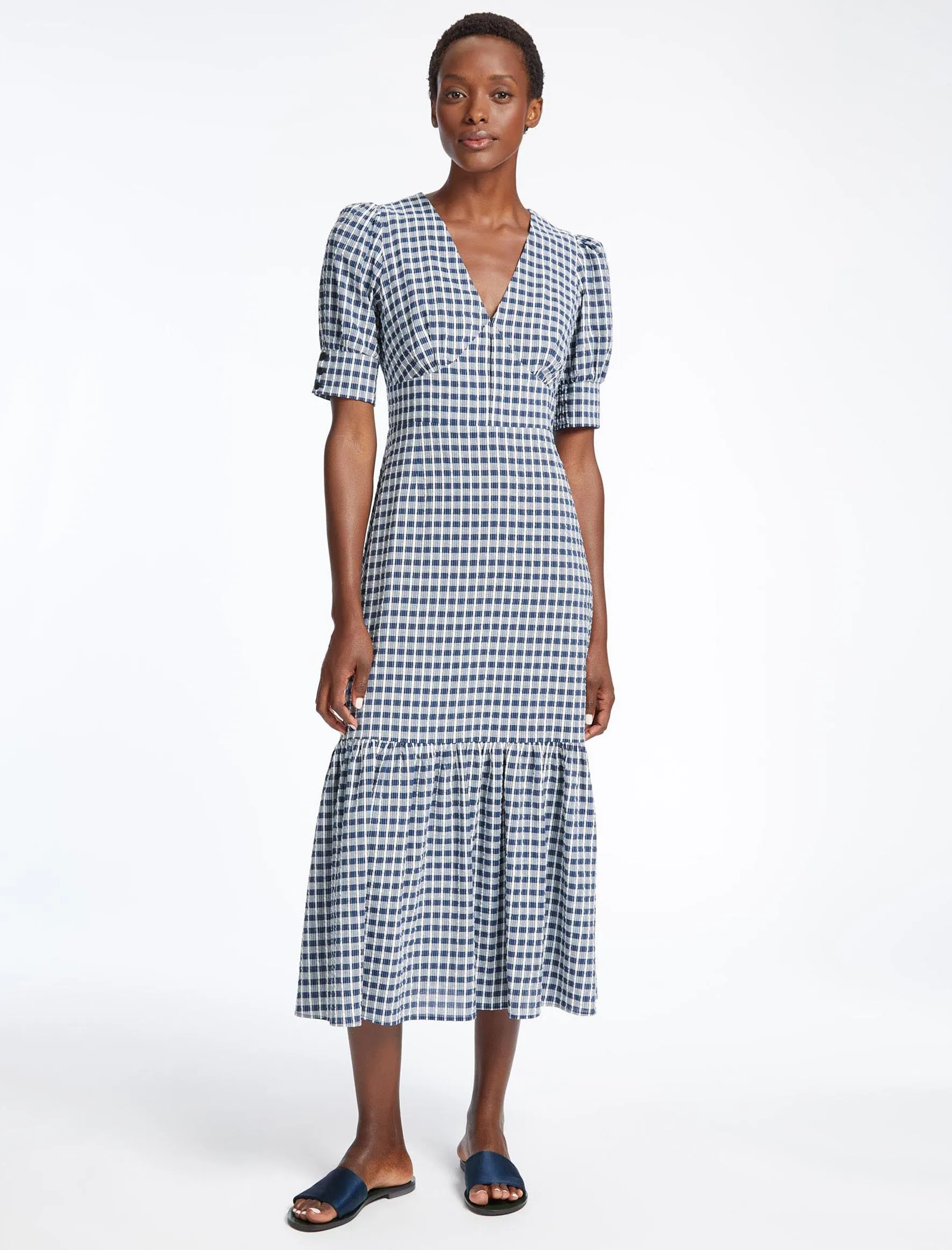 Esme Organic Cotton Seersucker Maxi Dress - Blue White Check