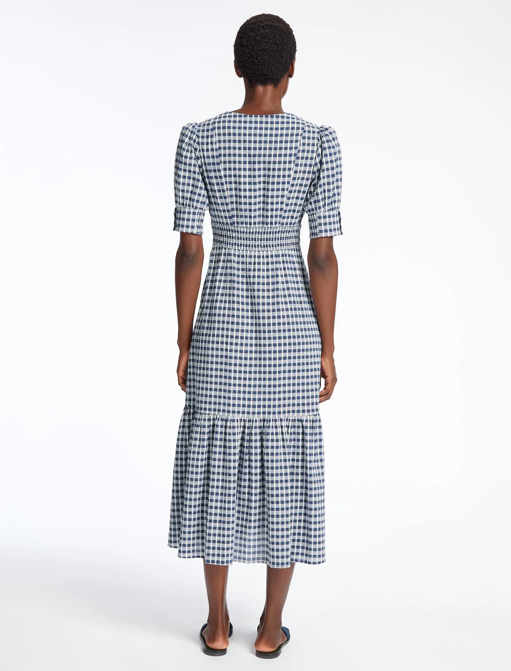 Esme Organic Cotton Seersucker Maxi Dress - Blue White Check