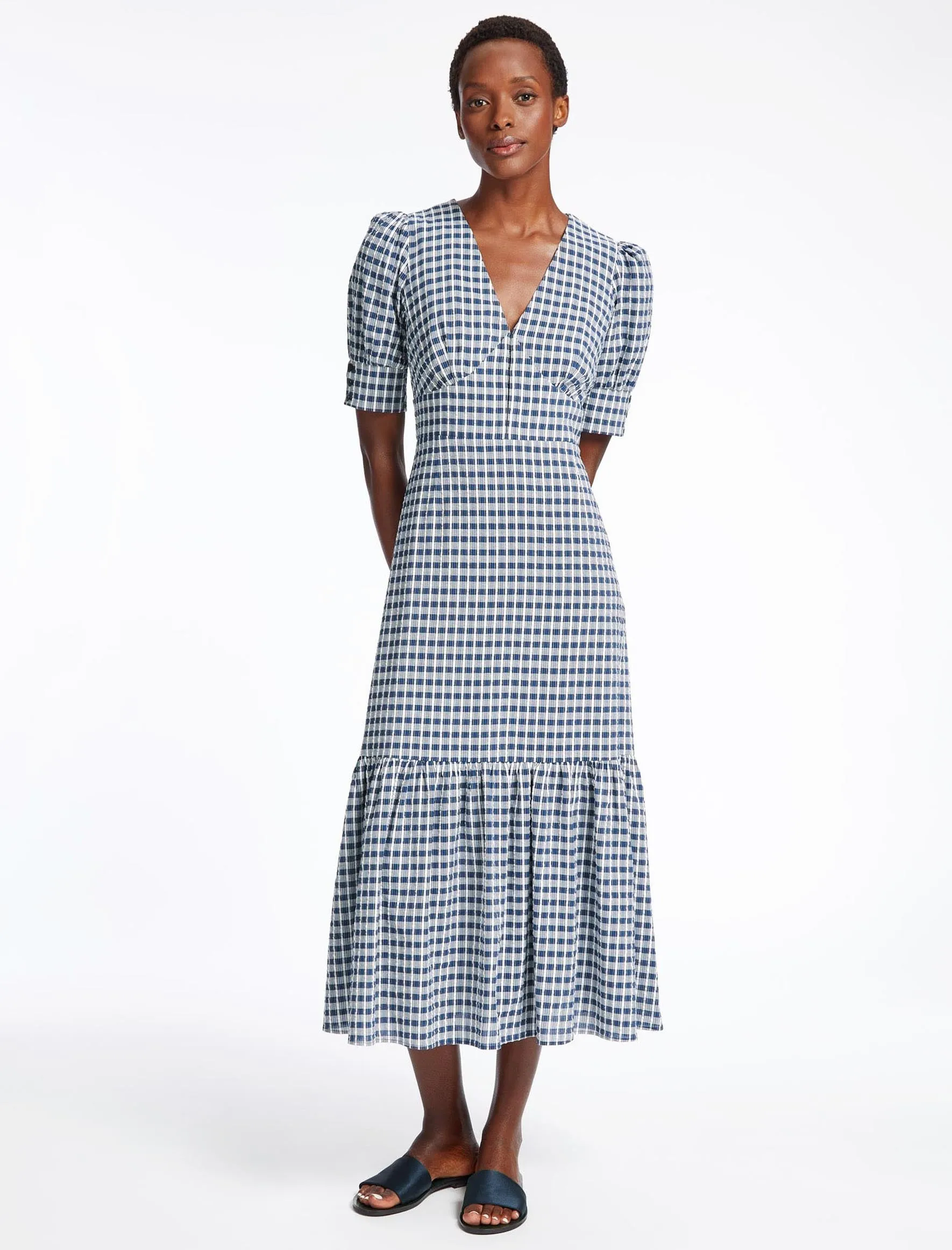 Esme Organic Cotton Seersucker Maxi Dress - Blue White Check