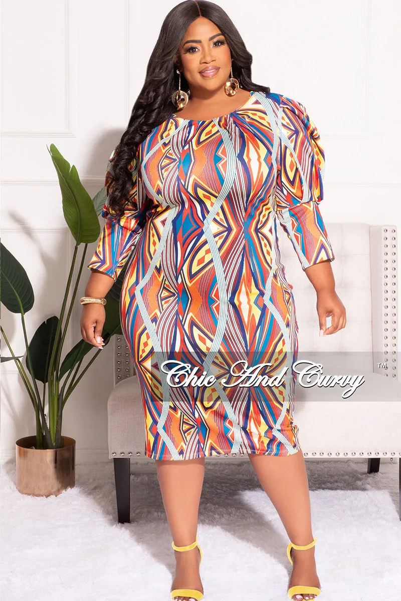 Final Sale Plus Size BodyCon Midi Dress with Puffy Sleeve in Multi-Color Design Print