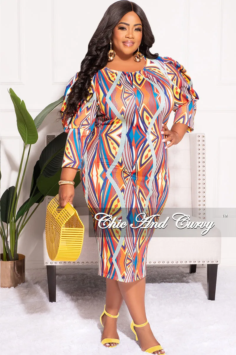 Final Sale Plus Size BodyCon Midi Dress with Puffy Sleeve in Multi-Color Design Print