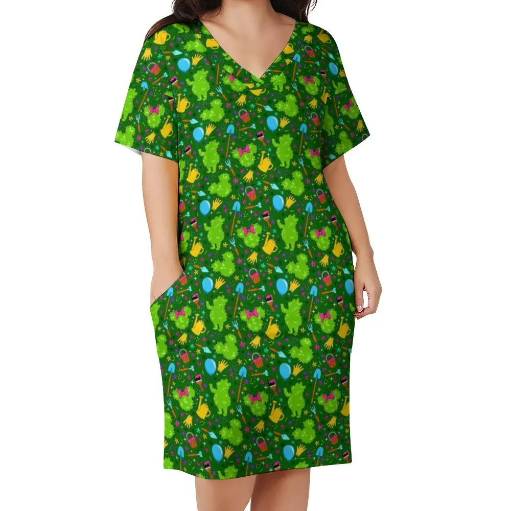 Flower And Garden Women's V-neck Loose Dress With Pockets