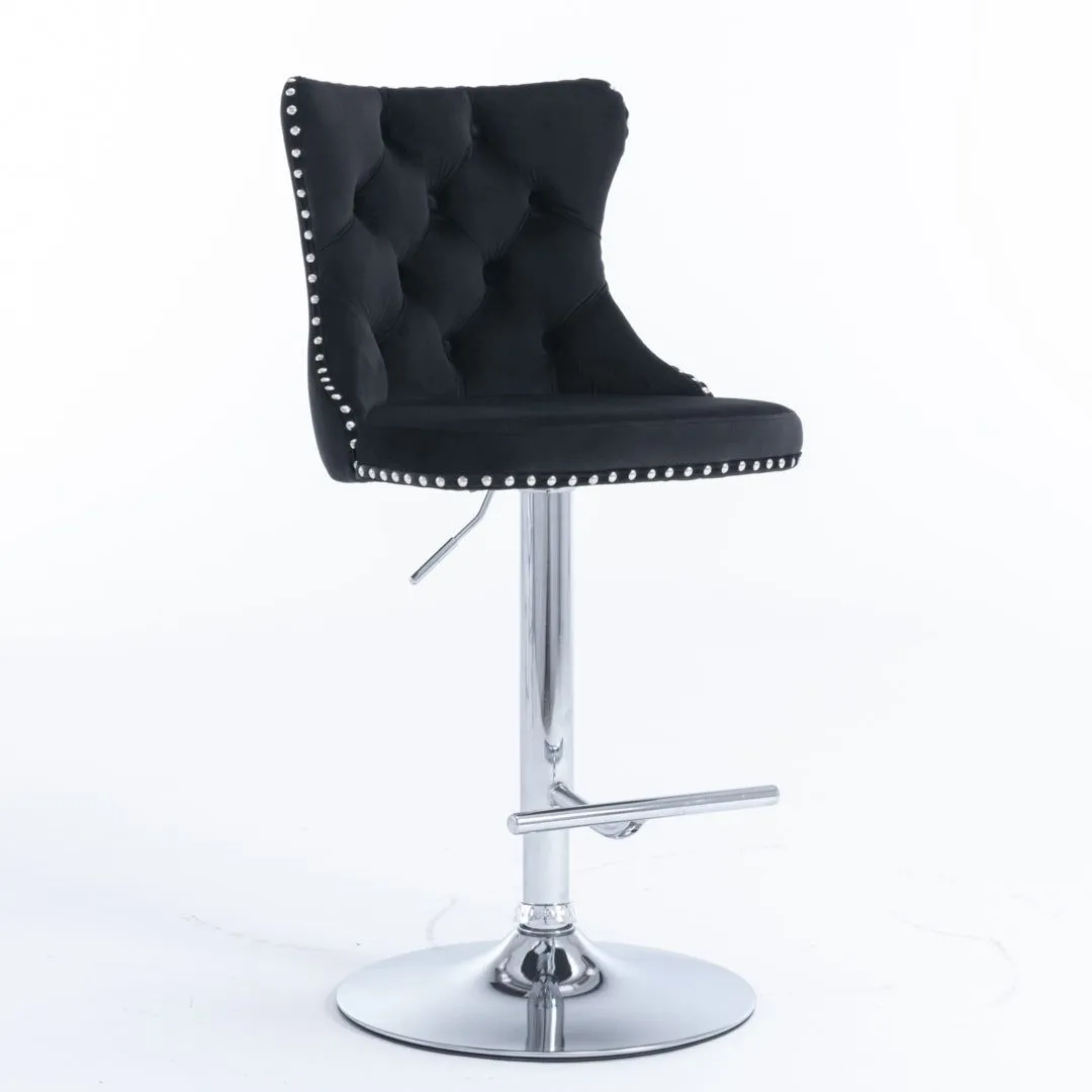 Four Height Adjustable Swivel Bar Stool Velvet Studs Barstool with Footrest and Chromed Base- Black