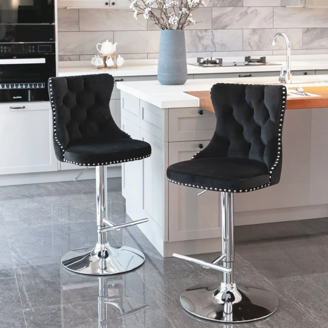 Four Height Adjustable Swivel Bar Stool Velvet Studs Barstool with Footrest and Chromed Base- Black