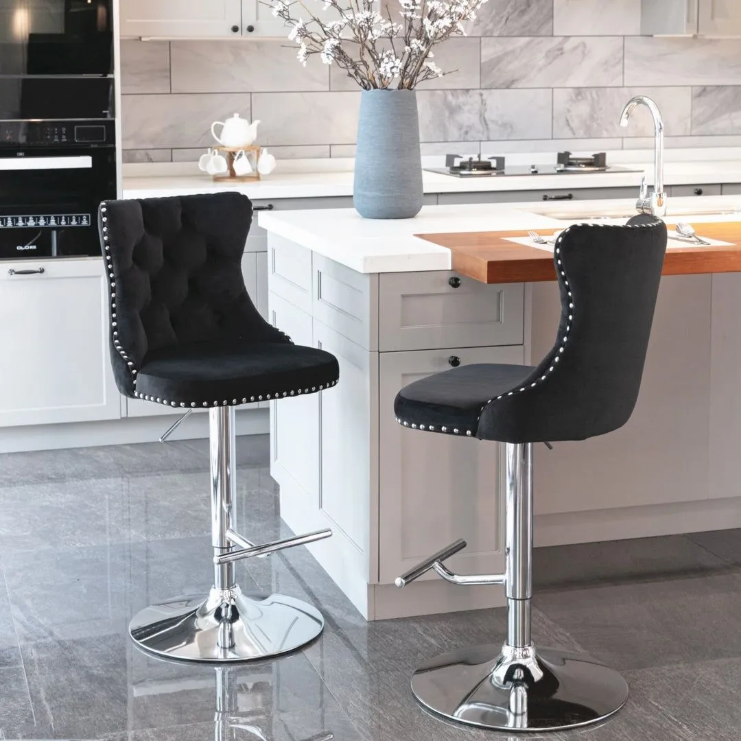 Four Height Adjustable Swivel Bar Stool Velvet Studs Barstool with Footrest and Chromed Base- Black