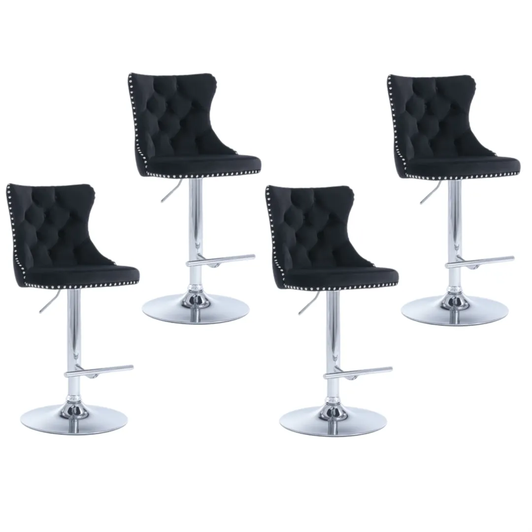 Four Height Adjustable Swivel Bar Stool Velvet Studs Barstool with Footrest and Chromed Base- Black