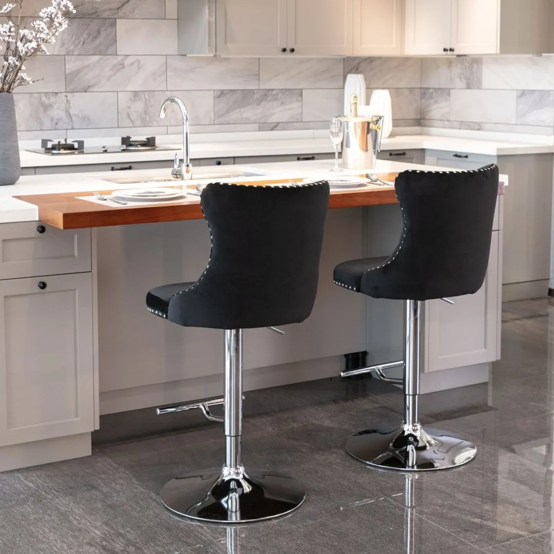 Four Height Adjustable Swivel Bar Stool Velvet Studs Barstool with Footrest and Chromed Base- Black