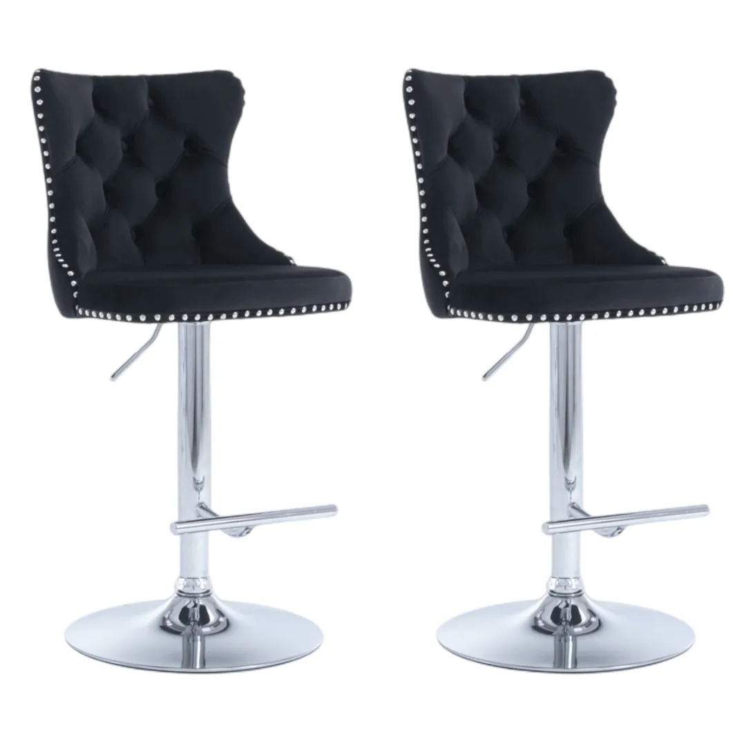 Four Height Adjustable Swivel Bar Stool Velvet Studs Barstool with Footrest and Chromed Base- Black