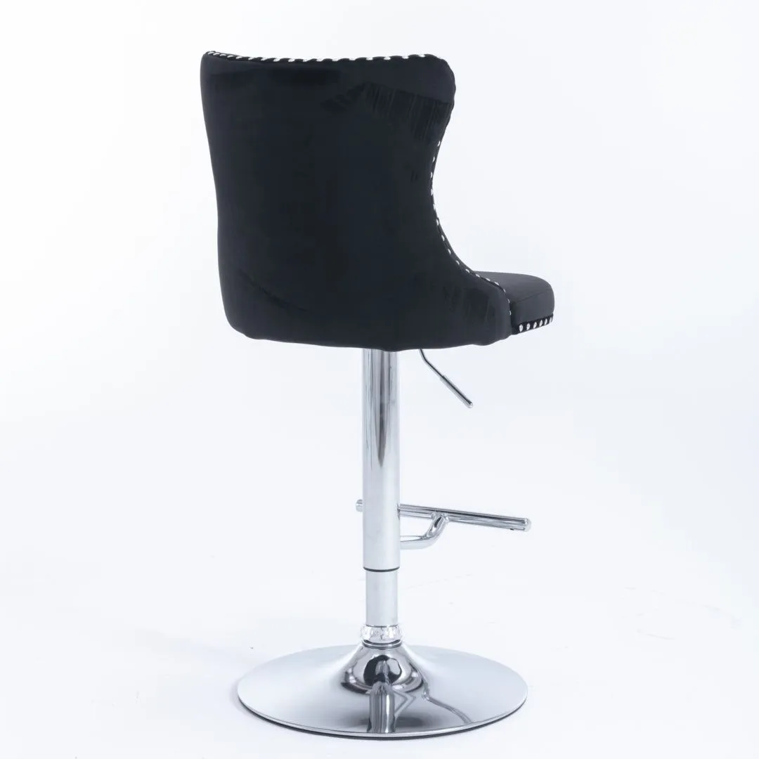 Four Height Adjustable Swivel Bar Stool Velvet Studs Barstool with Footrest and Chromed Base- Black