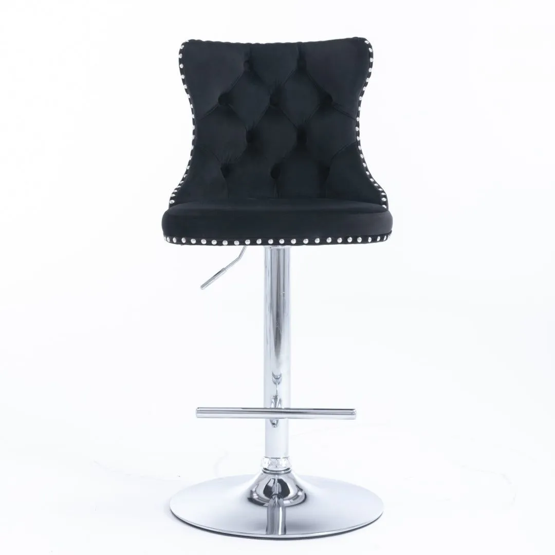 Four Height Adjustable Swivel Bar Stool Velvet Studs Barstool with Footrest and Chromed Base- Black