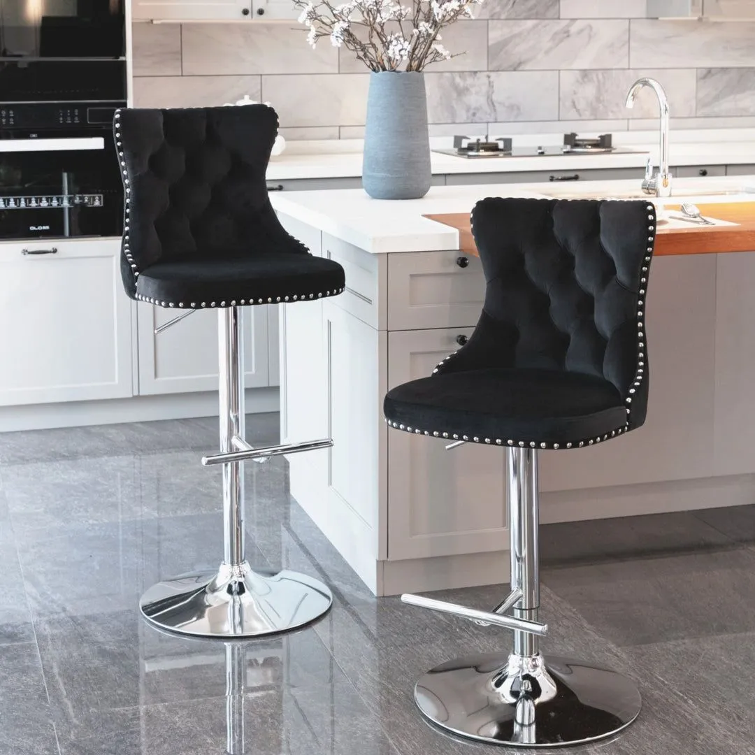 Four Height Adjustable Swivel Bar Stool Velvet Studs Barstool with Footrest and Chromed Base- Black