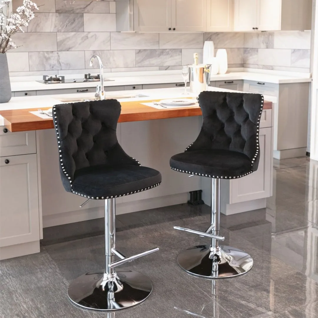 Four Height Adjustable Swivel Bar Stool Velvet Studs Barstool with Footrest and Chromed Base- Black