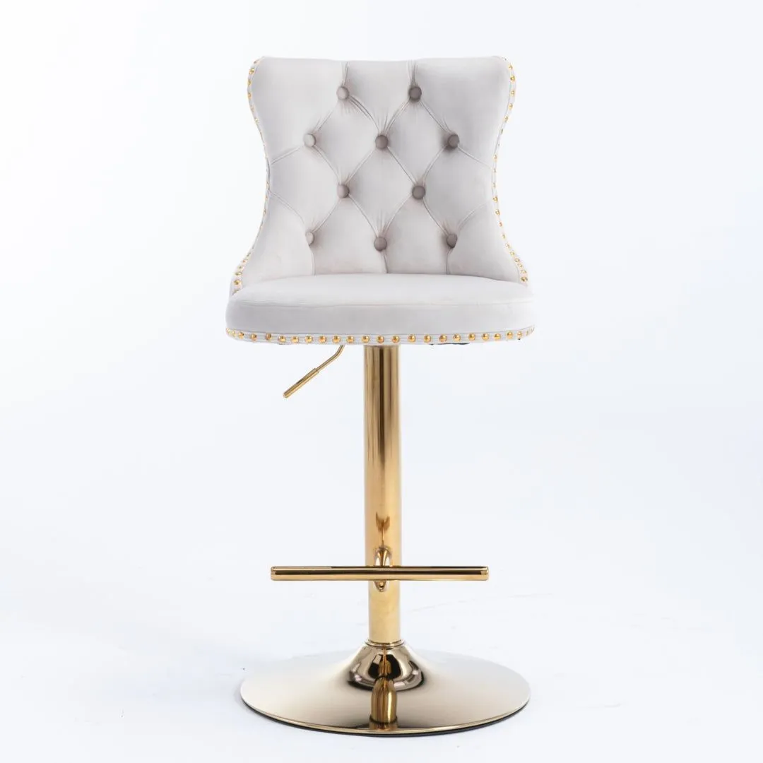 Four Height Adjustable Swivel Bar Stool Velvet Studs Barstool with Footrest and Golden Base- Beige