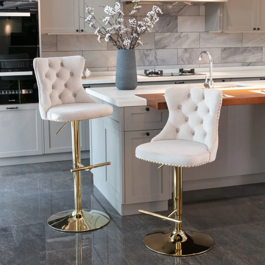 Four Height Adjustable Swivel Bar Stool Velvet Studs Barstool with Footrest and Golden Base- Beige