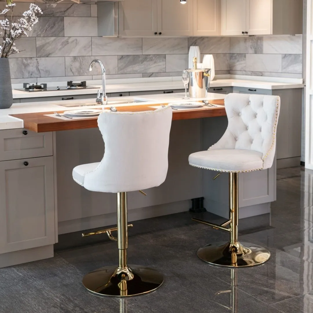 Four Height Adjustable Swivel Bar Stool Velvet Studs Barstool with Footrest and Golden Base- Beige