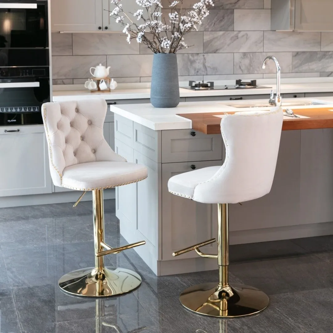 Four Height Adjustable Swivel Bar Stool Velvet Studs Barstool with Footrest and Golden Base- Beige