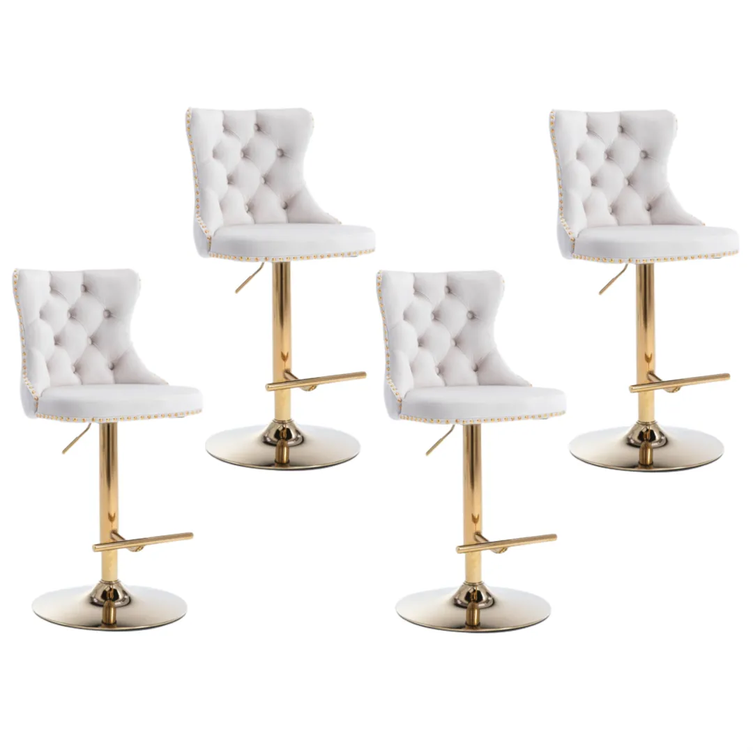 Four Height Adjustable Swivel Bar Stool Velvet Studs Barstool with Footrest and Golden Base- Beige