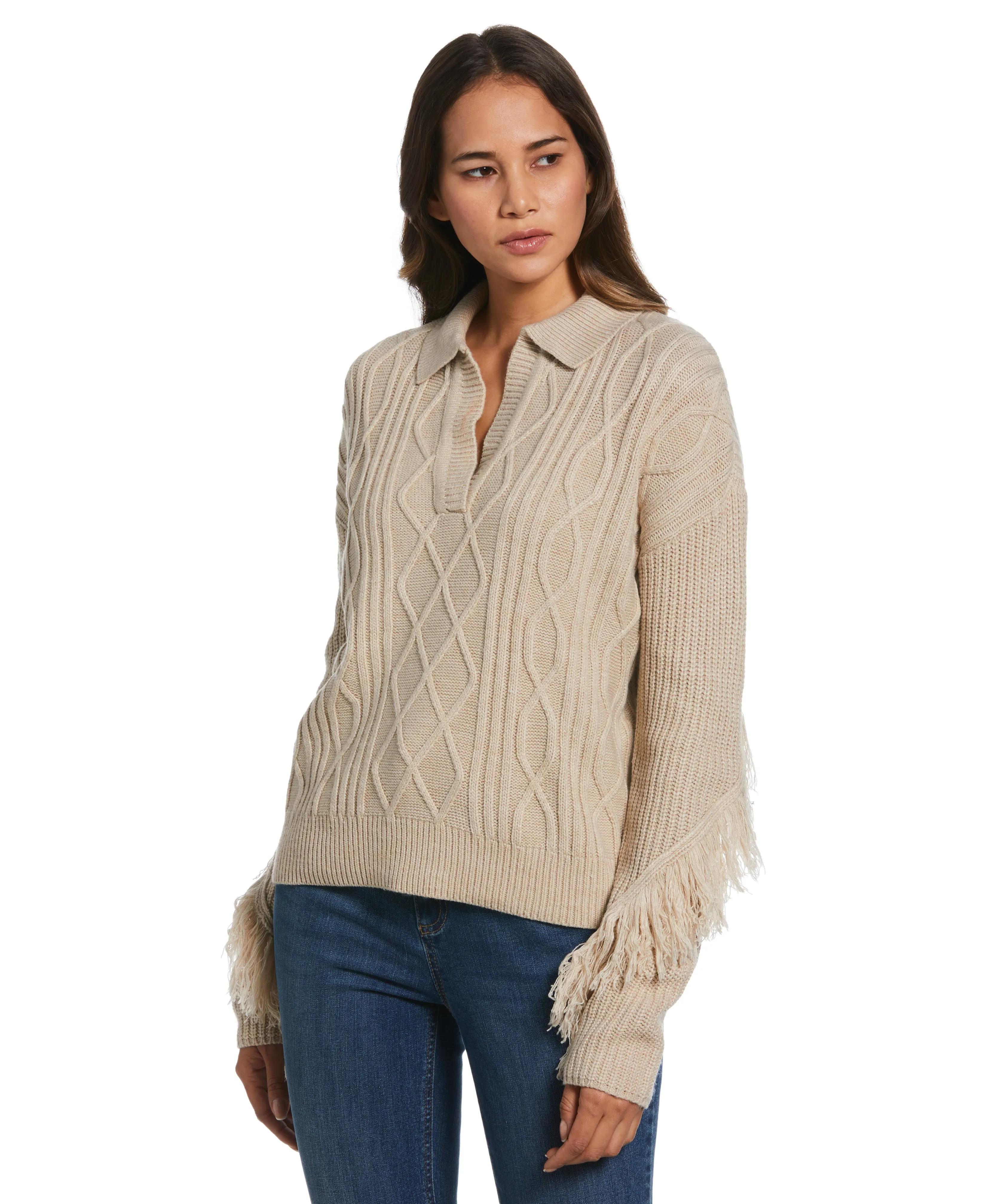 Fringe Trim Polo Sweater