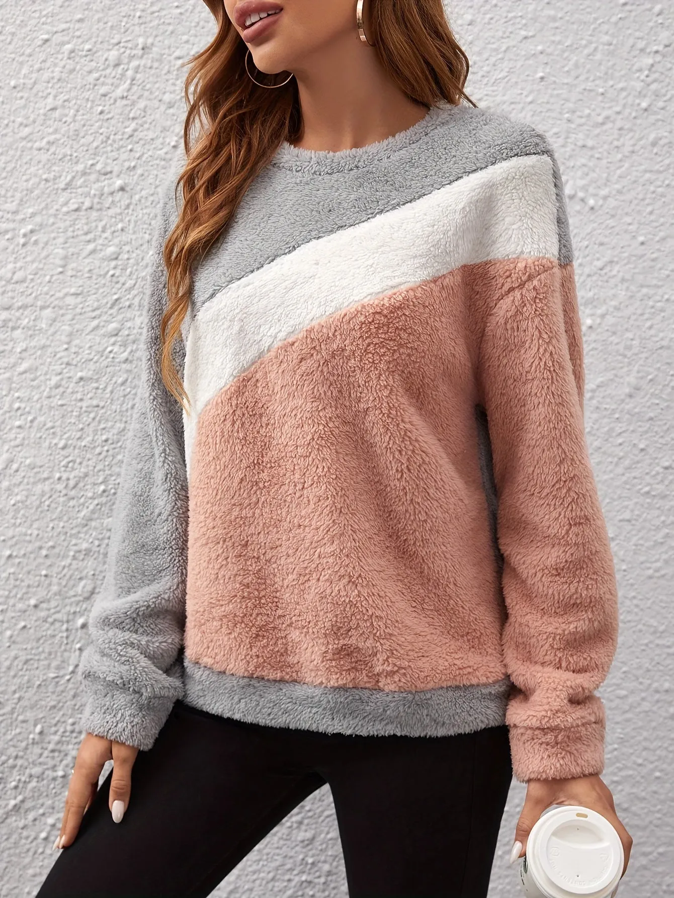 Fuzzy Color Block Sweatshirt Cozy Stylish Womens FallWinter Top