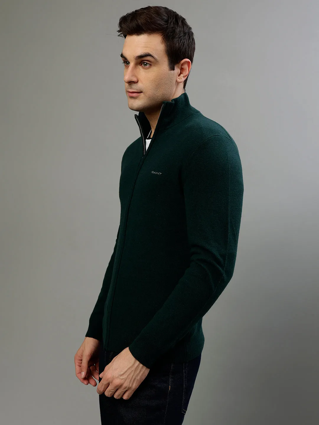 Gant Solid Green High Neck Full Sleeve Sweater