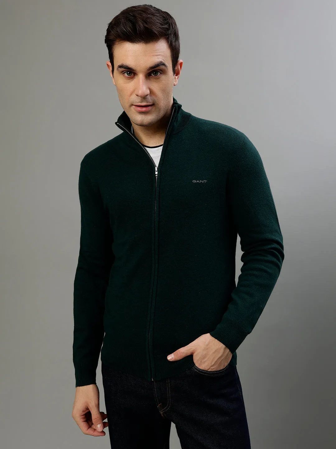 Gant Solid Green High Neck Full Sleeve Sweater