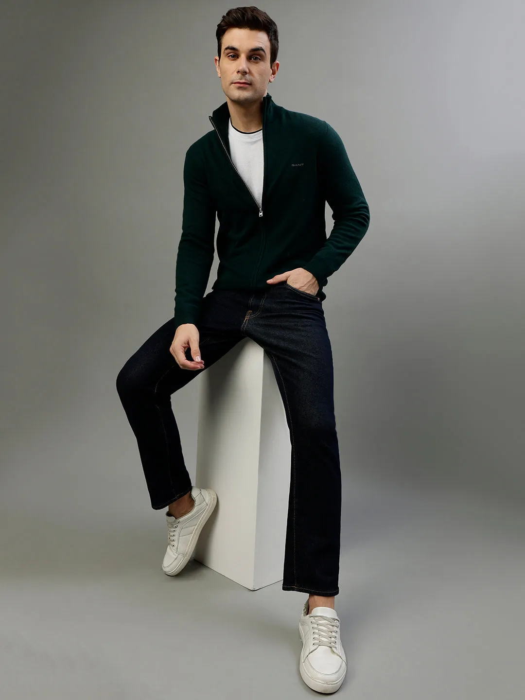 Gant Solid Green High Neck Full Sleeve Sweater