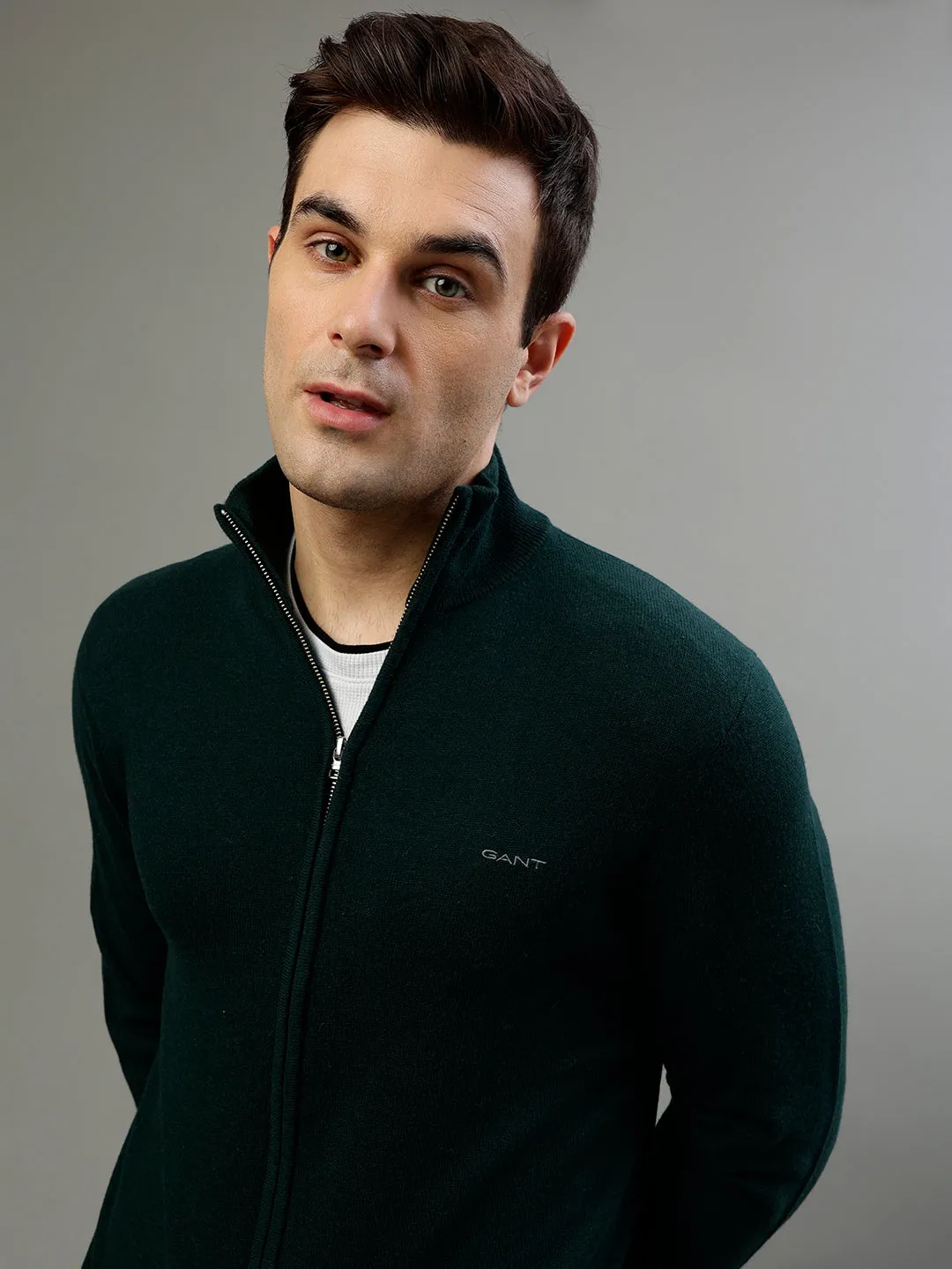 Gant Solid Green High Neck Full Sleeve Sweater